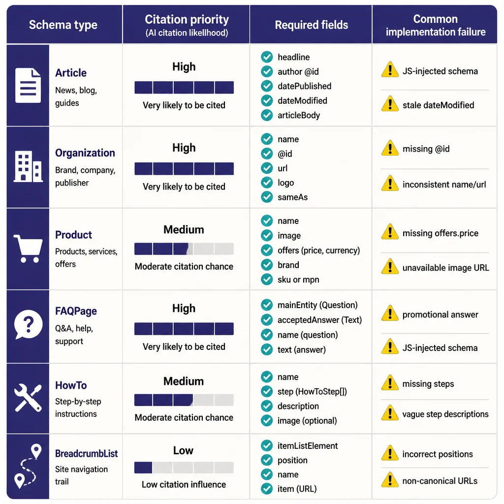 Comparison matrix ranking six Schema.org types by citation priority, required fields, and common implementation failures for showing up in AI search results.