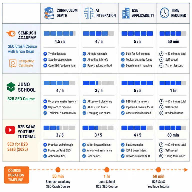 Comparison matrix of the best free SEO courses for B2B marketers in 2026, showing curriculum depth, AI integration, B2B applicability, and time required.