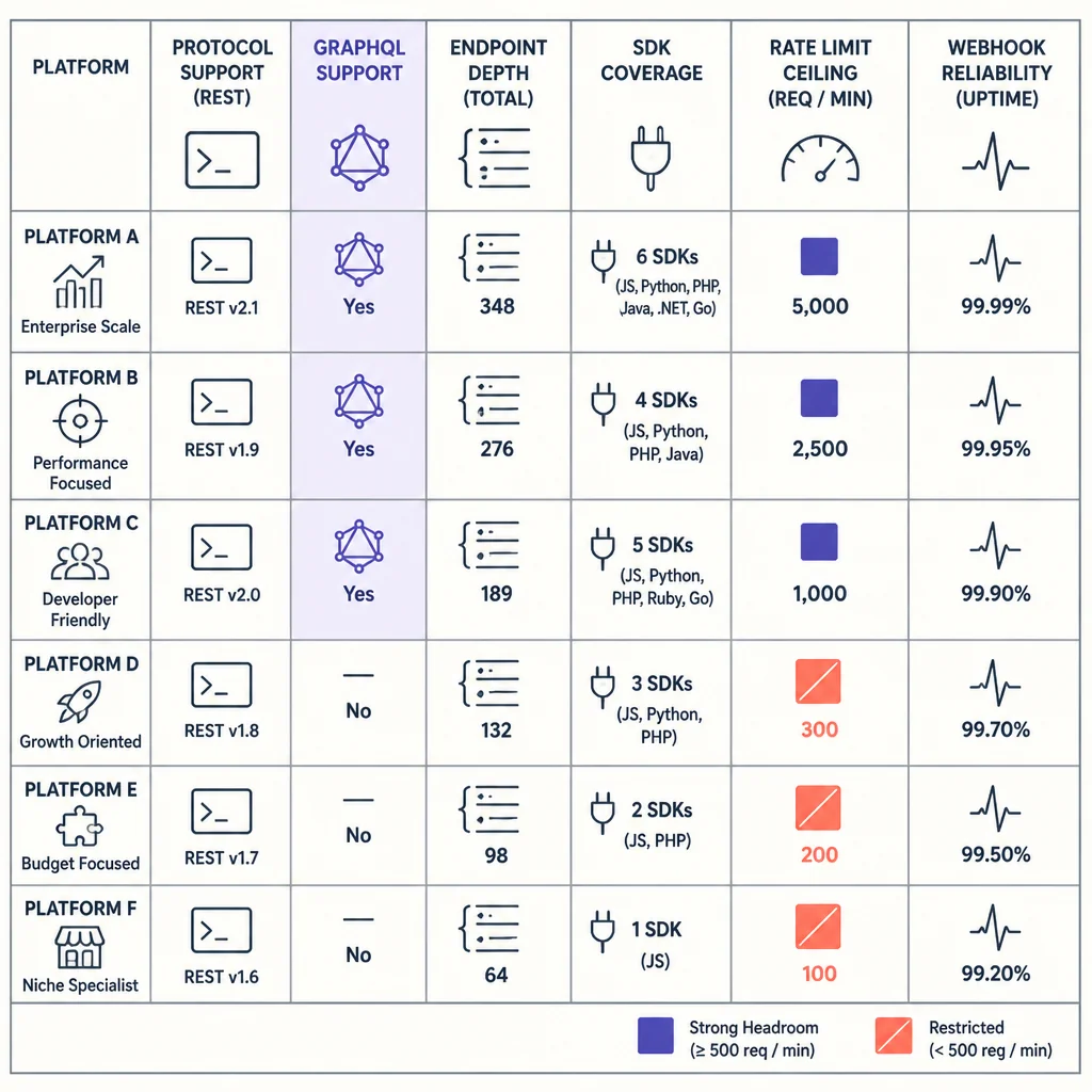Comparison matrix of AI affiliate marketing tools showing API protocol support, endpoint counts, SDK availability, and rate limits for agency evaluation.