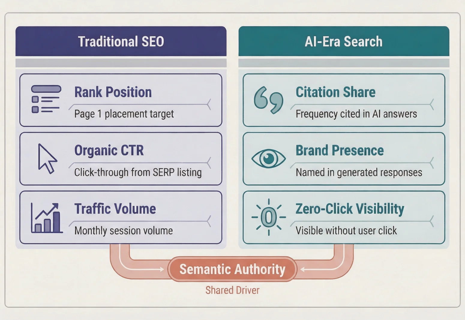 Comparison matrix of traditional SEO metrics versus AI-search metrics, showing how AI SEO vs traditional SEO measurement frameworks converge on semantic authority