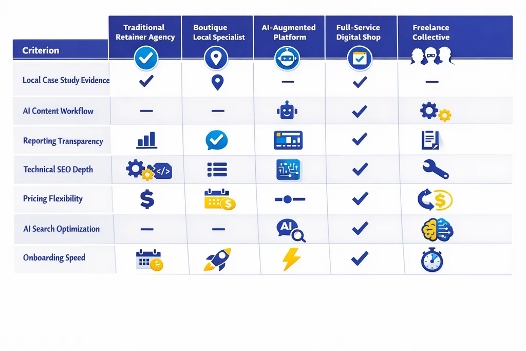 Comparison matrix showing how to evaluate an LA SEO company across seven weighted criteria in 2026