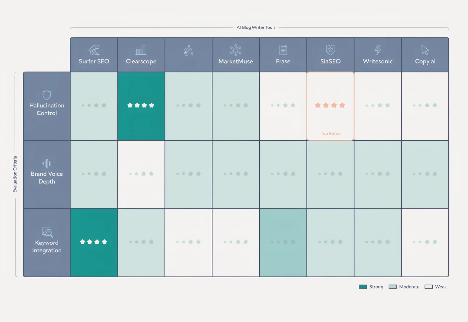 Scoring matrix comparing seven ai blog writer alternatives across hallucination control, brand voice depth, and keyword integration for SEO agencies
