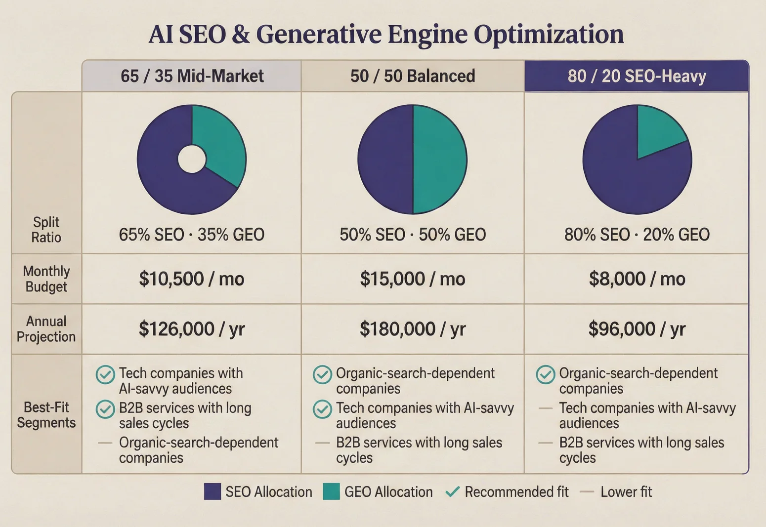 Budget allocation matrix comparing SEO versus GEO spend splits for ai seo mastering generative engine optimization geo planning