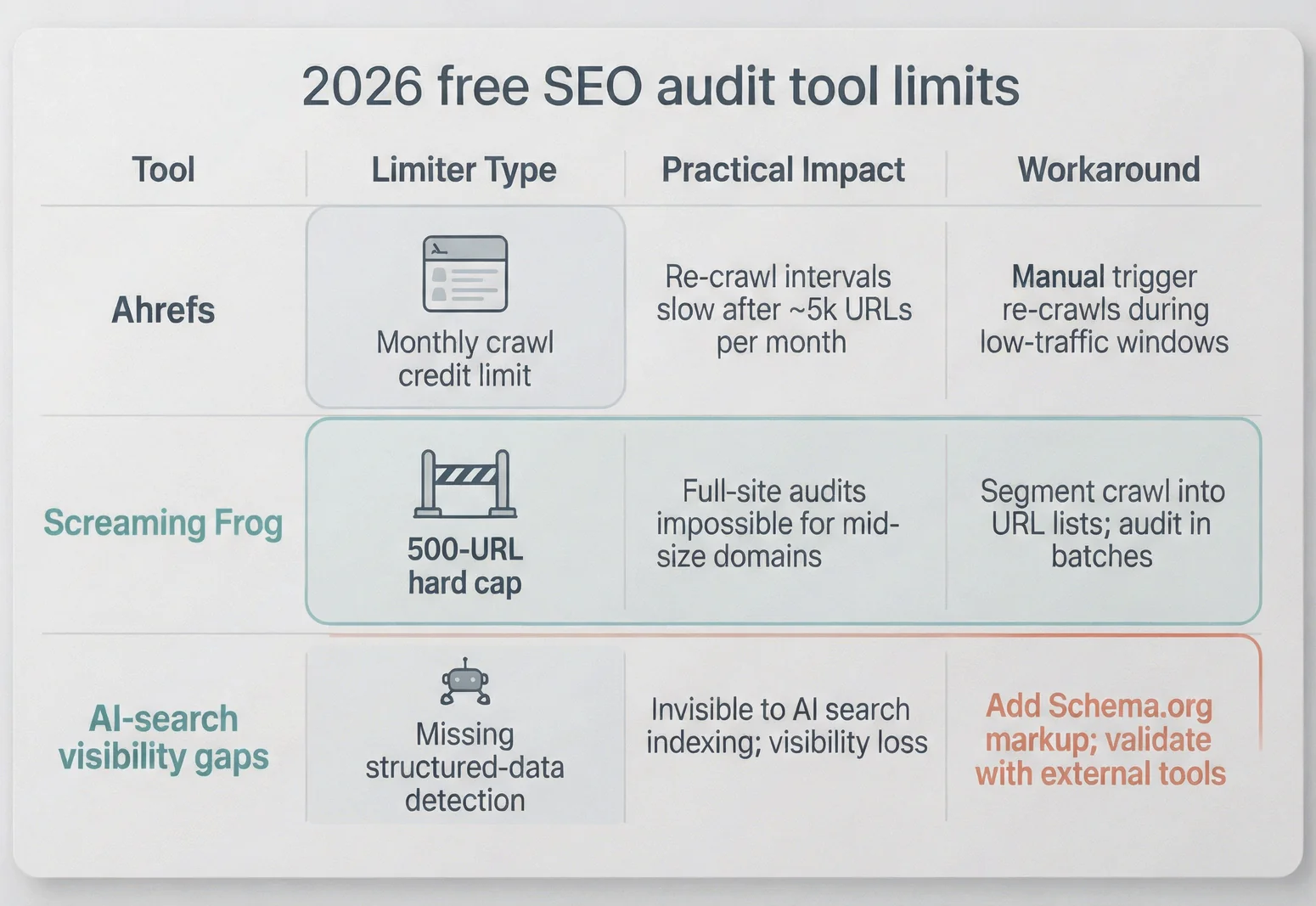 2026 free SEO audit tool limits comparison matrix for best free SEO audit tool comparison planning