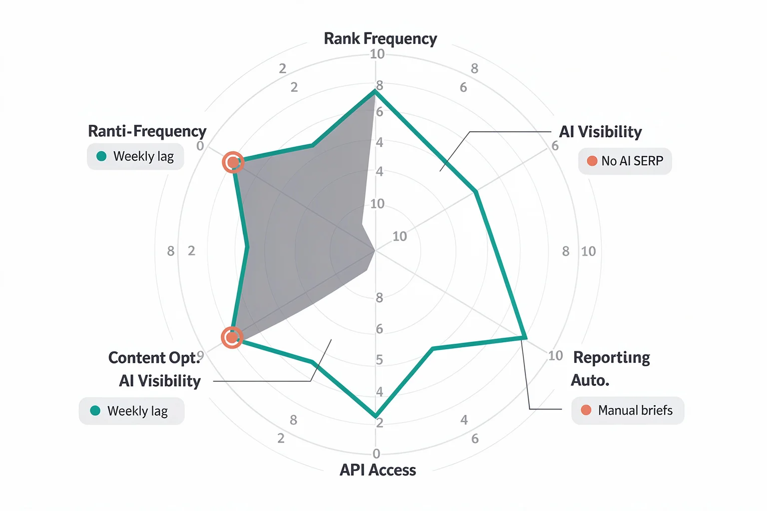 Radar chart evaluation framework for spyfu alternatives showing six agency criteria where SpyFu gaps appear in AI visibility and rank frequency