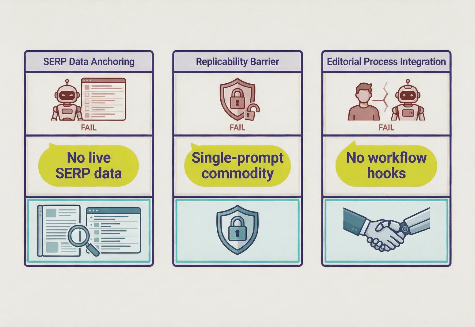 Diagnostic grid comparing AI writing tools for SEO on three ranking tests: SERP data anchoring, replicability barrier, and editorial process integration.