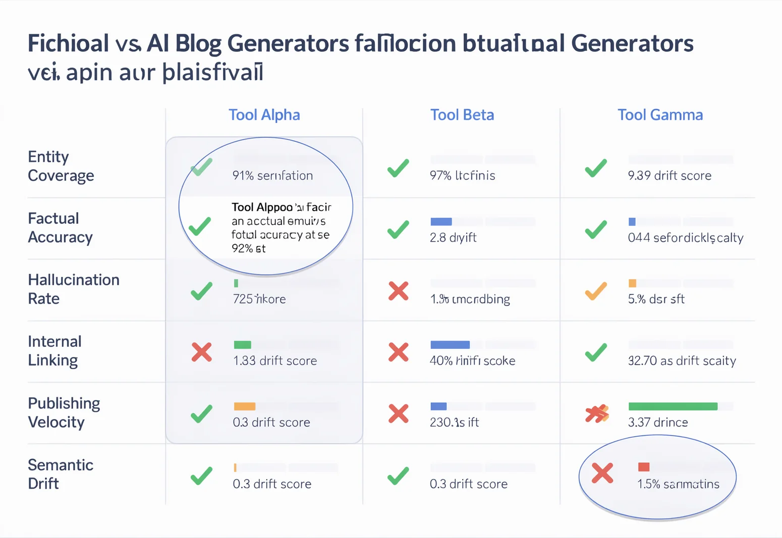 Comparison matrix of three AI blog post generators scored on six criteria including hallucination rate and entity coverage for AI generator evaluation.