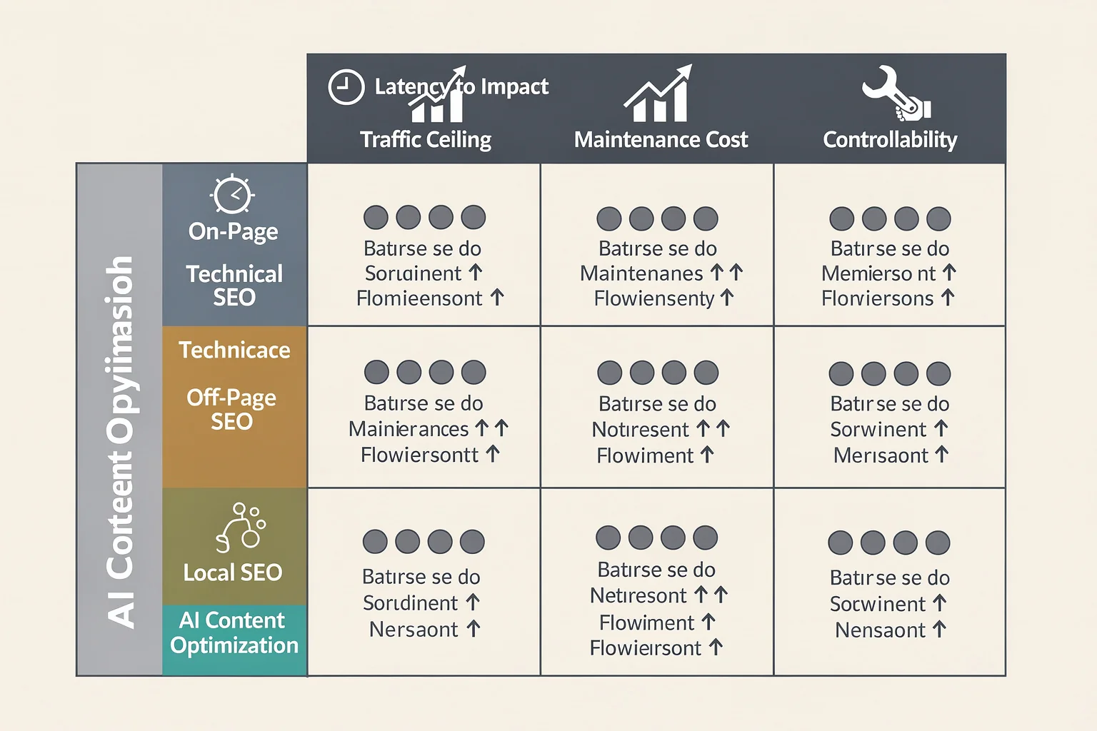 SEO types comparison matrix evaluating latency, ceiling, maintenance cost, and controllability across on-page, technical, off-page, local, and AI content optimization