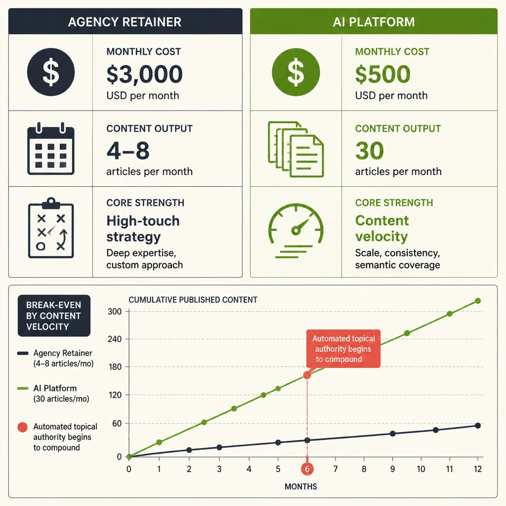 Cost speed quality framework comparing AI automation platforms and agency retainers for SEO companies for small business near me, with $3,000 versus $500 monthly and 30 versus 4–8 monthly content output.