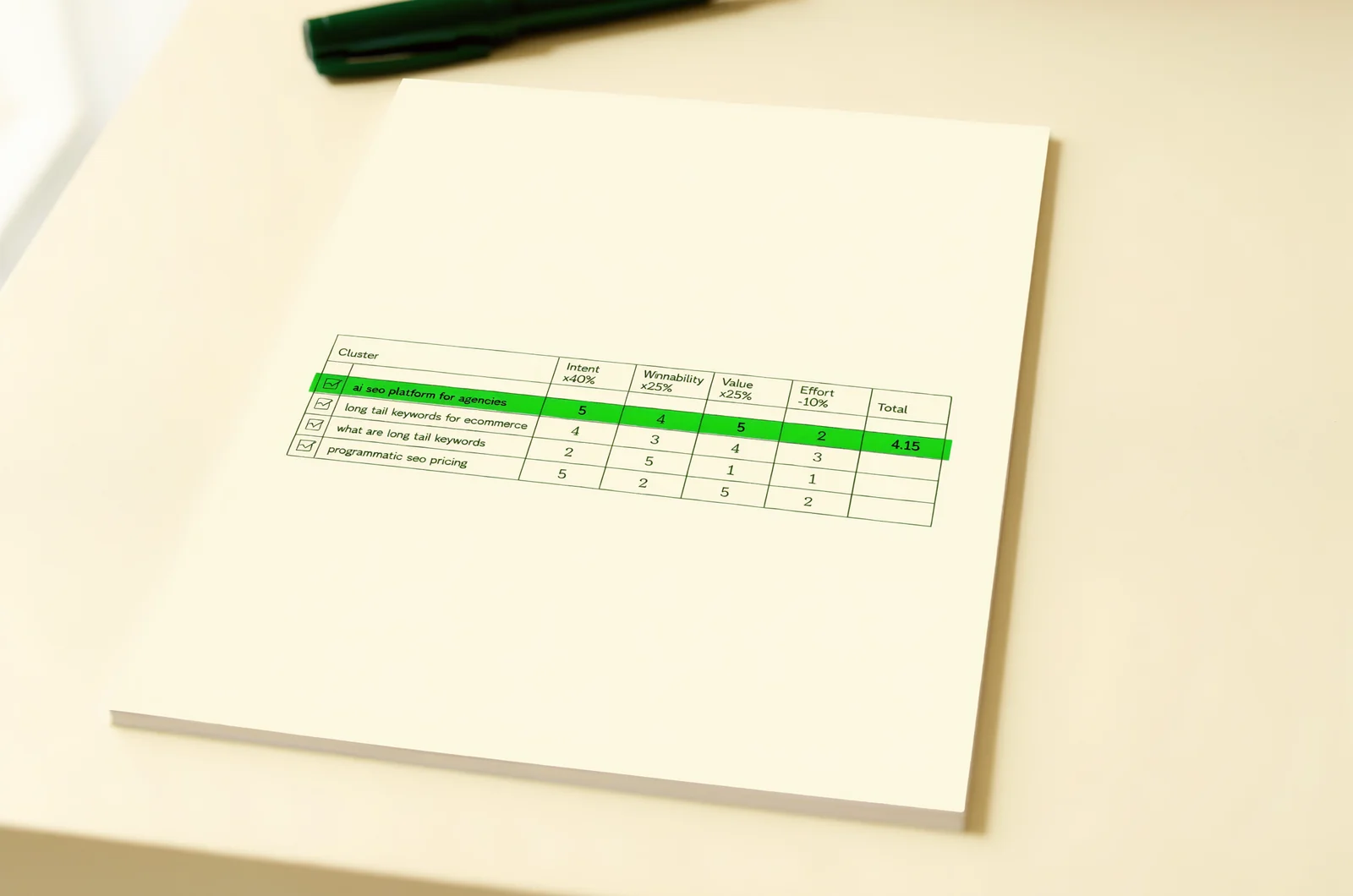 Filled-in weighted scoring worksheet showing how four factors rank long tail keywords, with intent fit weighted at 40 percent marking the top cluster.