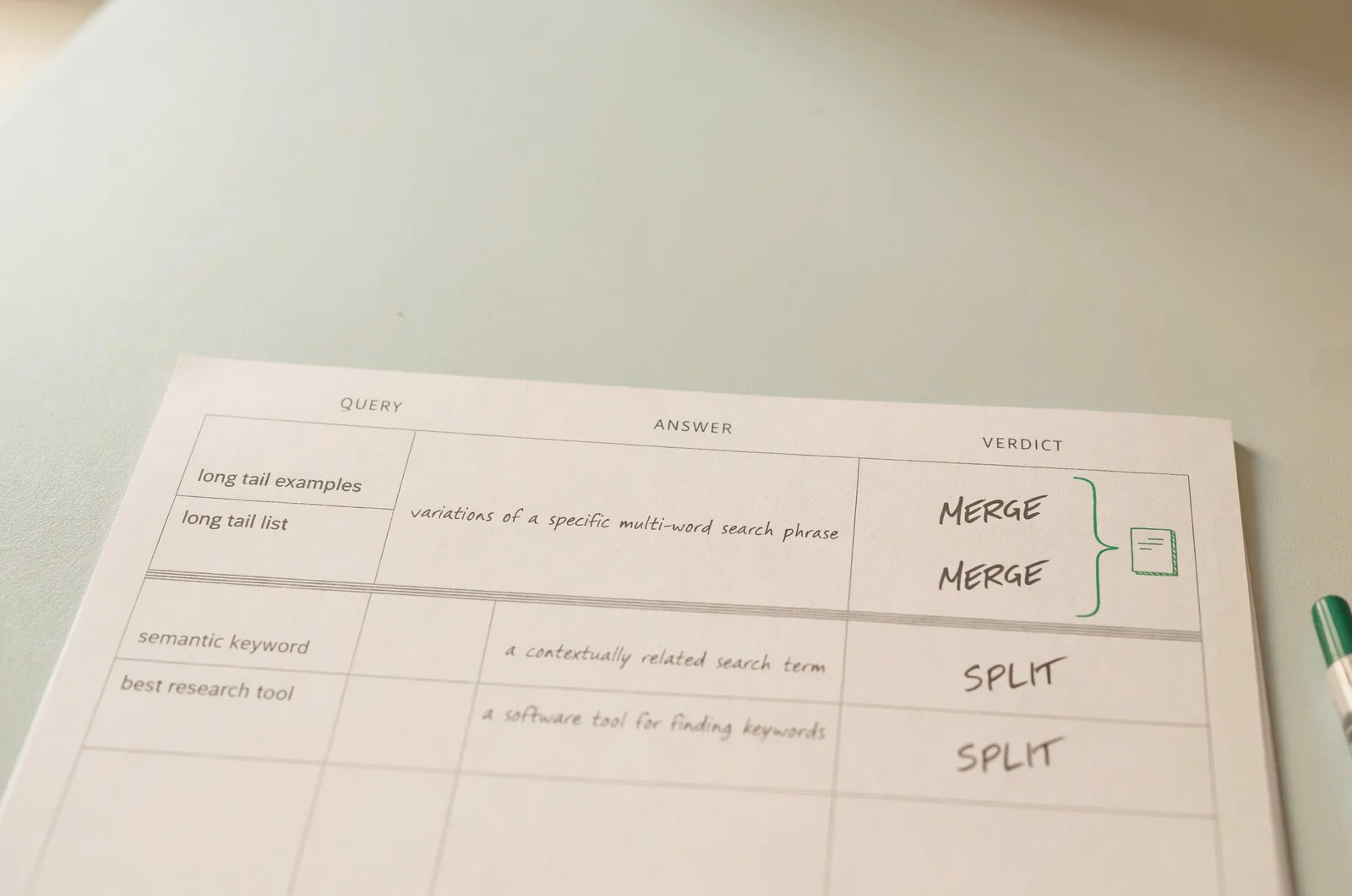Printed keyword decision sheet testing two pairs of long tail keywords with the one-sentence answer rule and marking each pair merge or split