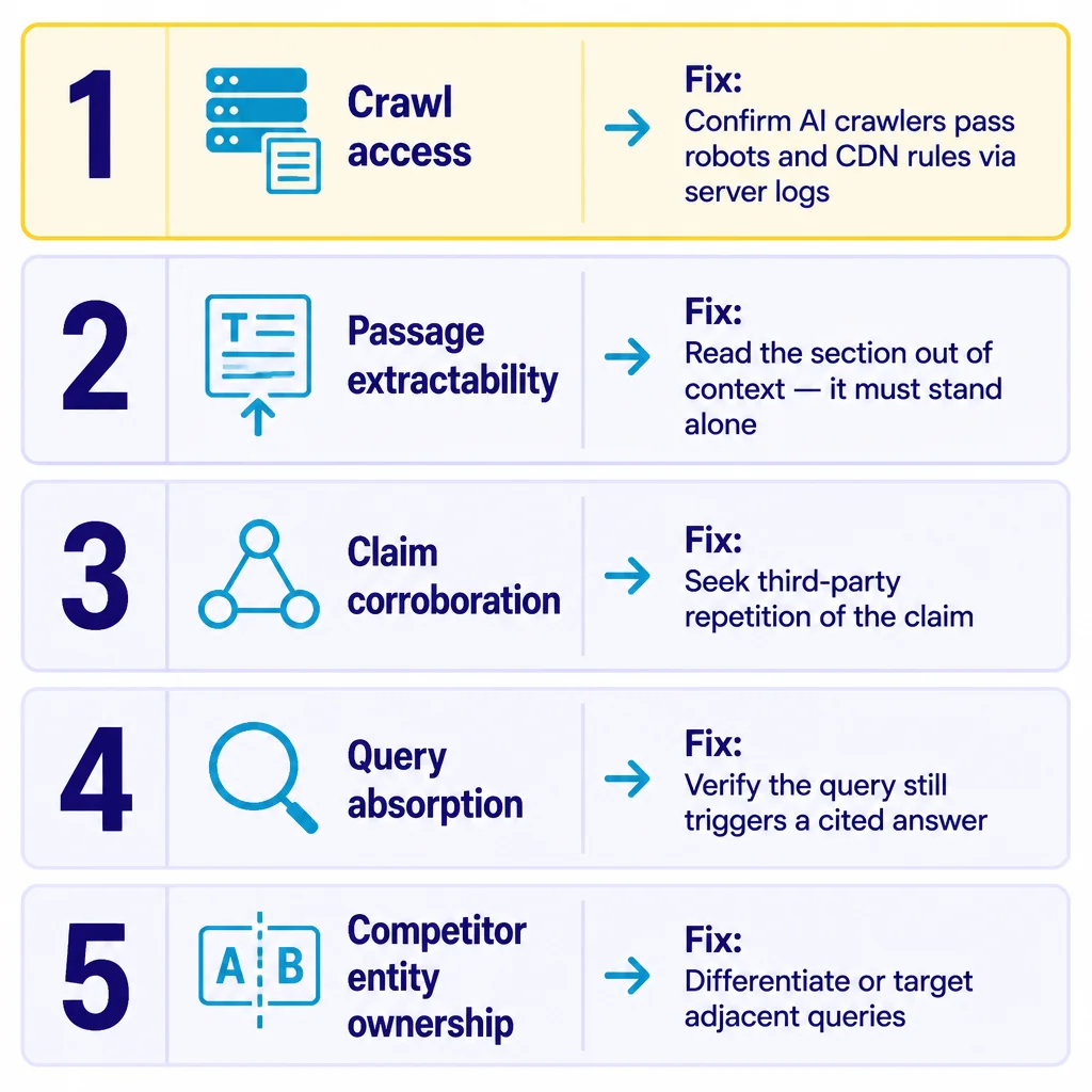 Five-step diagnostic sequence for seo for ai search recovery: ordered checks from crawl access and passage extractability through corroboration, query absorption, and competitor entity ownership, each paired with its fix.