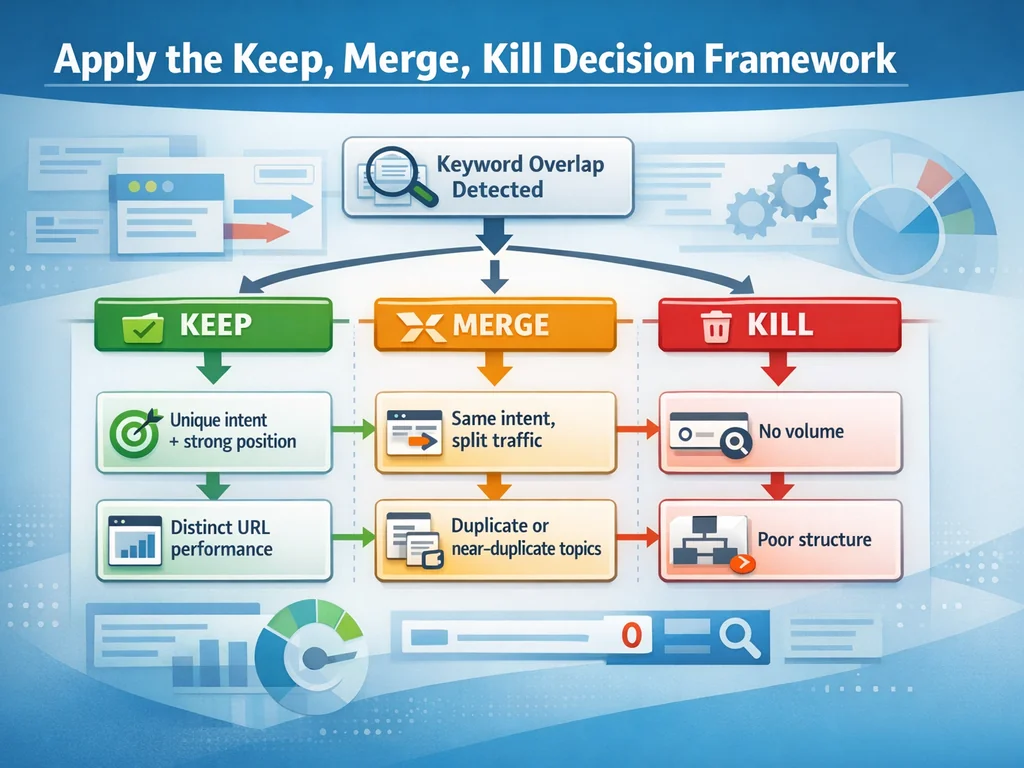 Decision framework flowchart for seo tools keyword search audits showing Keep, Merge, and Kill criteria