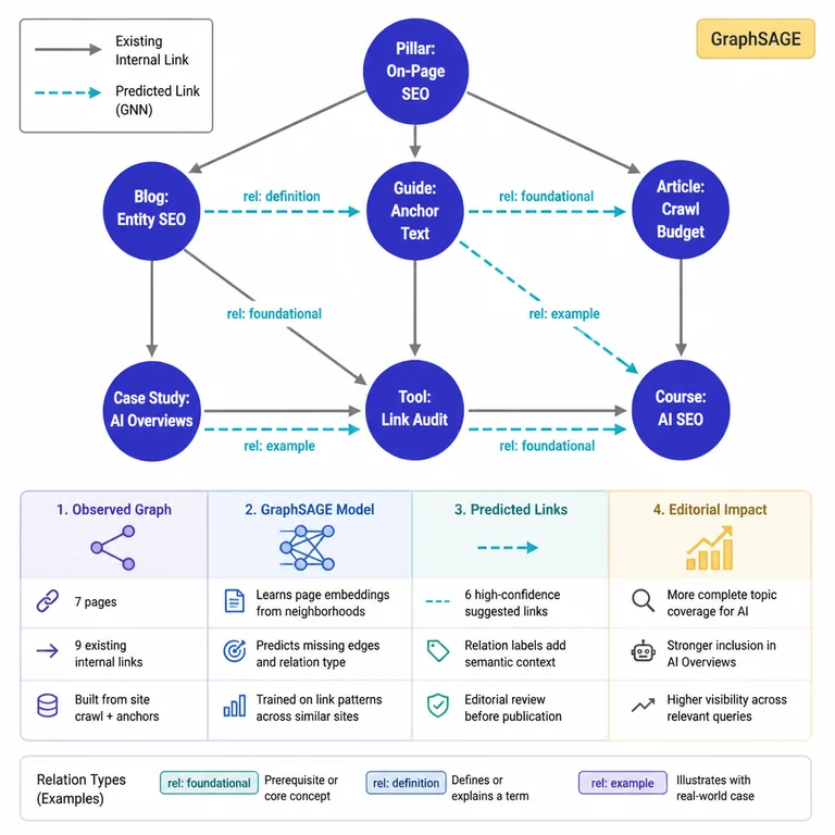 Annotated diagram of internal link graph completion using a graph neural network to predict missing links, illustrating one of the internal linking tactics seo.