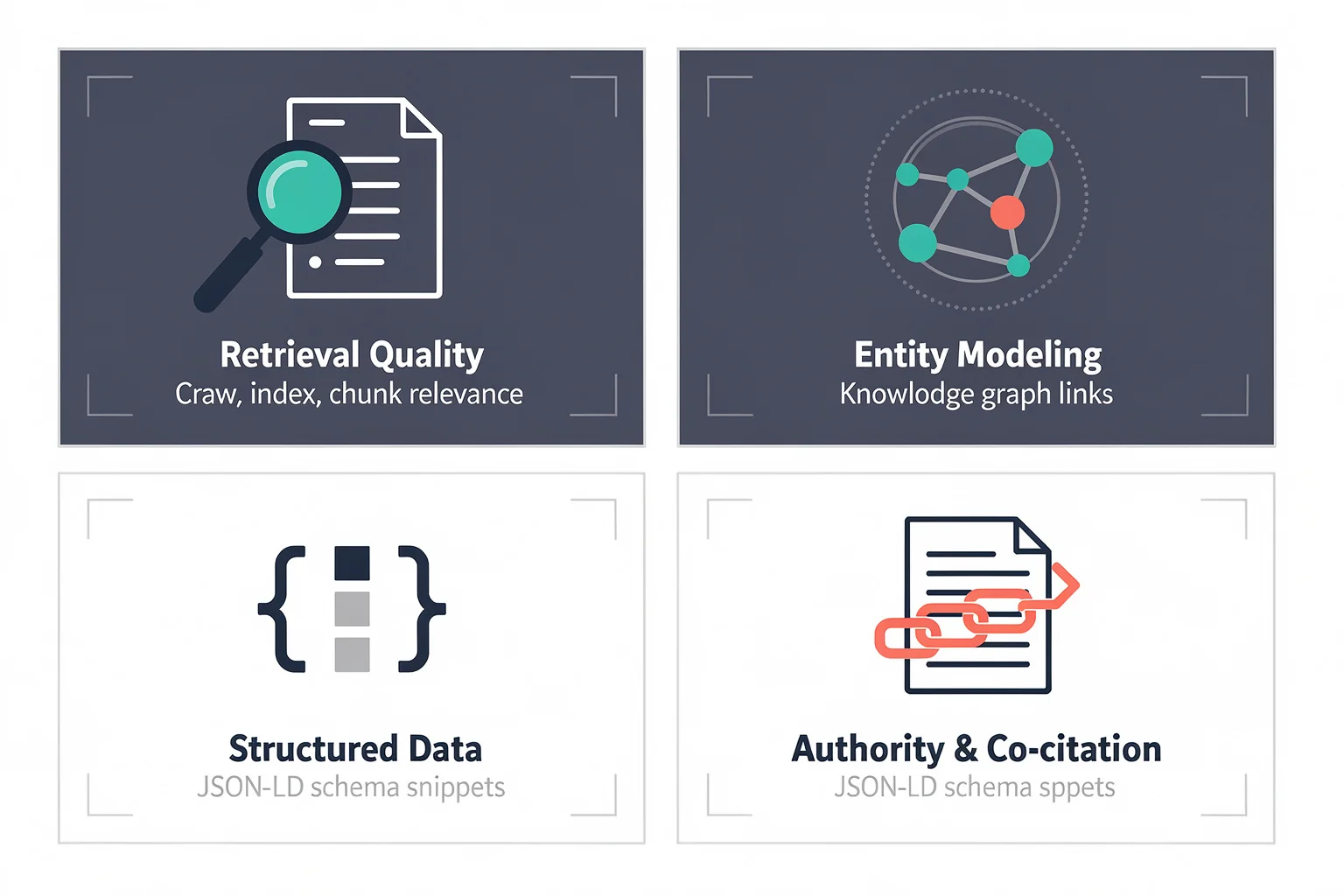 Diagram of the four mechanisms driving generative engine optimization citations: retrieval quality, entity modeling, structured data, and authority patterns, explaining what is geo seo at a technical level.