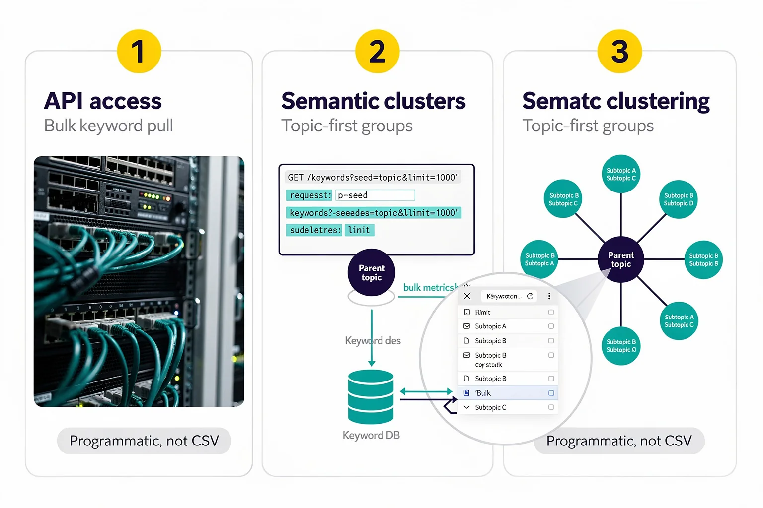 Three-panel diagram showing the scalable features of keyword research tools: API access, semantic clustering, and AI pipeline integration.