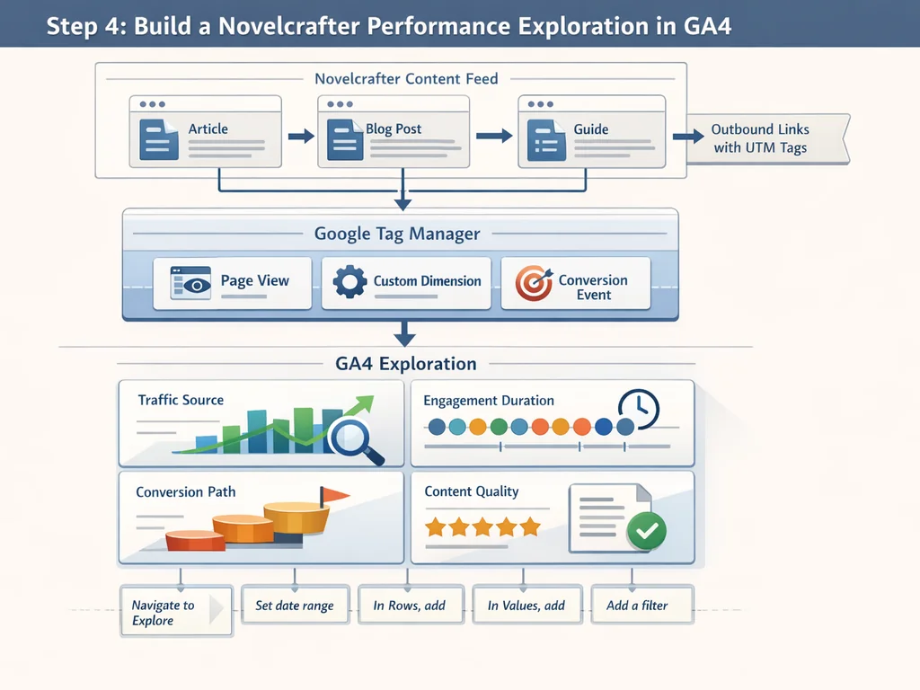 Diagram showing how Novelcrafter Google Analytics integration routes content performance data through GA4 explorations