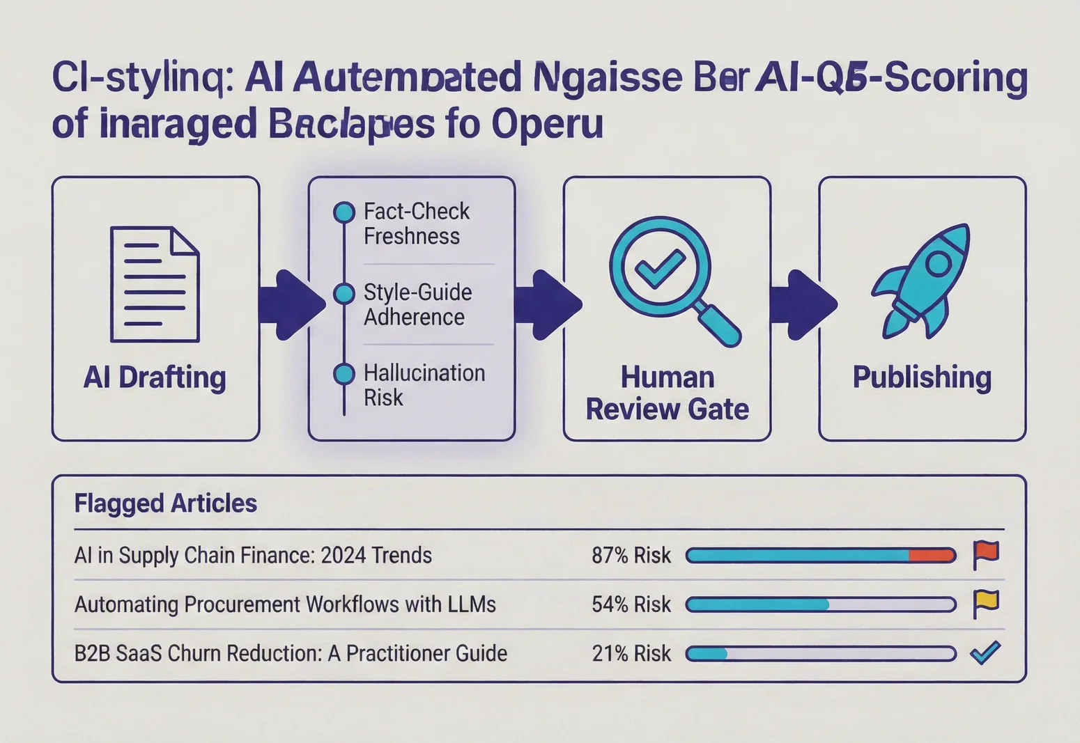 AI best practices QA scoring pipeline diagram showing the flow from AI drafting to automated scoring to human review to publishing, with a flagged articles dashboard.