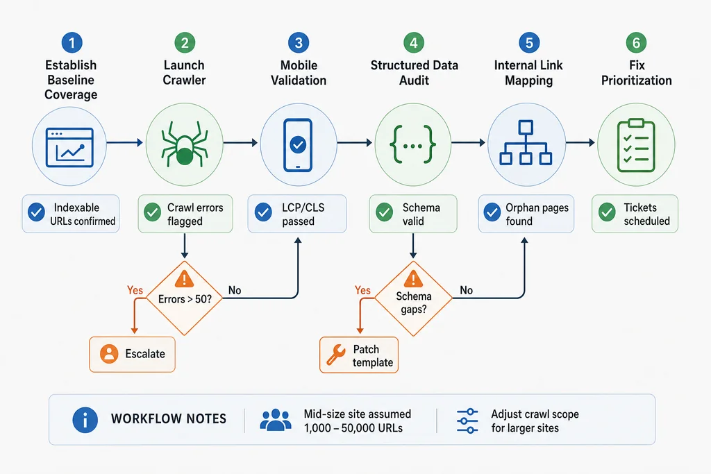 Six-step SEO site checker audit workflow diagram showing the complete technical audit pipeline from baseline coverage through fix prioritization