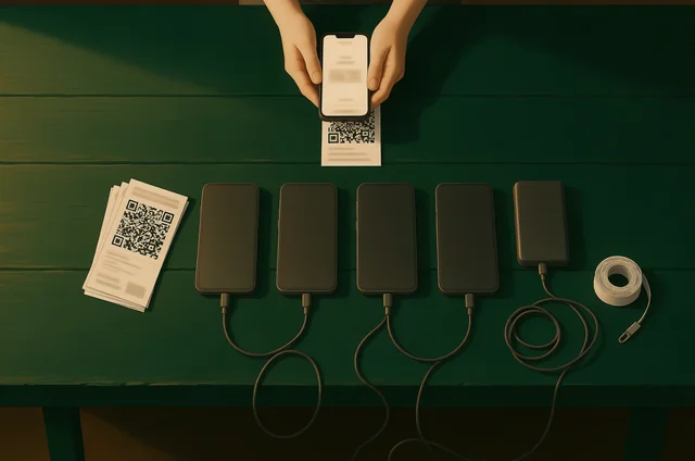 Flat-lay of charged phones, battery packs, and printed test tickets mid-scan — a pre-doors QR code ticket scanning setup following mobile ticket scanning best practices.
