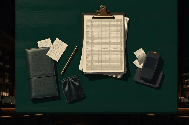 Hospitality venue desk with payment terminal, VIP receipts, and settlement logs for a post-event revenue report checklist.