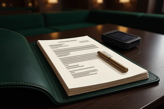 A leather event booking folio, agreement documents, and payment terminal on a venue table illustrating deposit chargeback prevention for events.