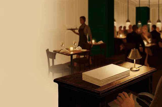 Host stand overlooking a fully set but empty table on a busy night, illustrating door policy and waitlist depth for how to prevent table booking no-shows