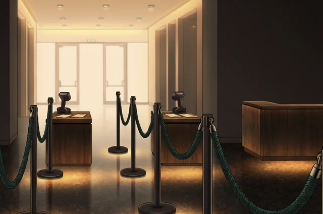 Organized venue check-in lane setup with stanchions and split scanning podiums to reduce door wait times.