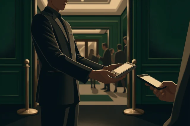 A venue door supervisor using a handheld scanner to manage real-time guest arrivals at an entrance, illustrating key check-in procedures from an event capacity planning guide.