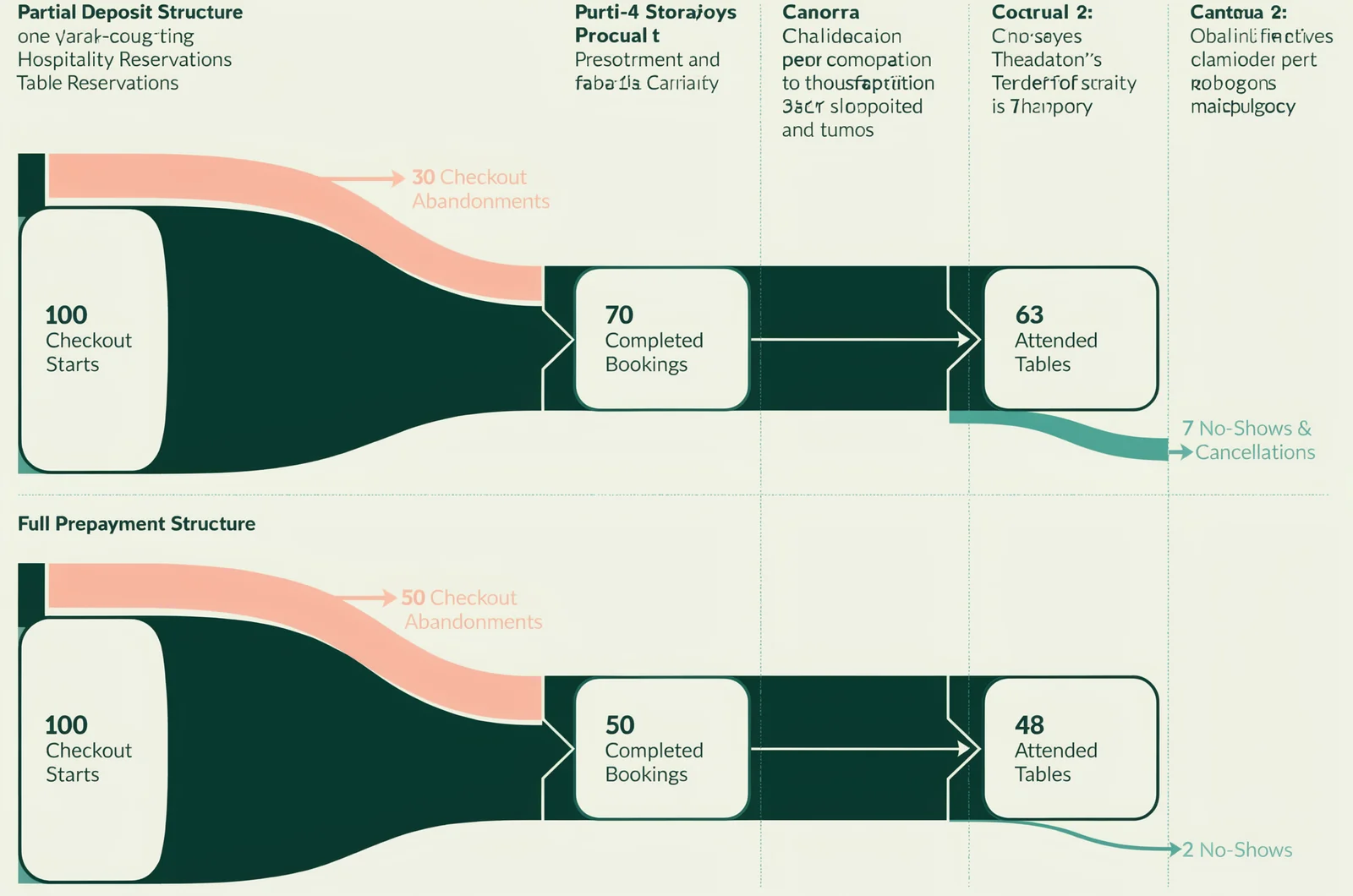 Comparative funnel diagram analyzing partial vs full deposit for table bookings, showing the relationship between checkout drop-off rates and final table attendance.