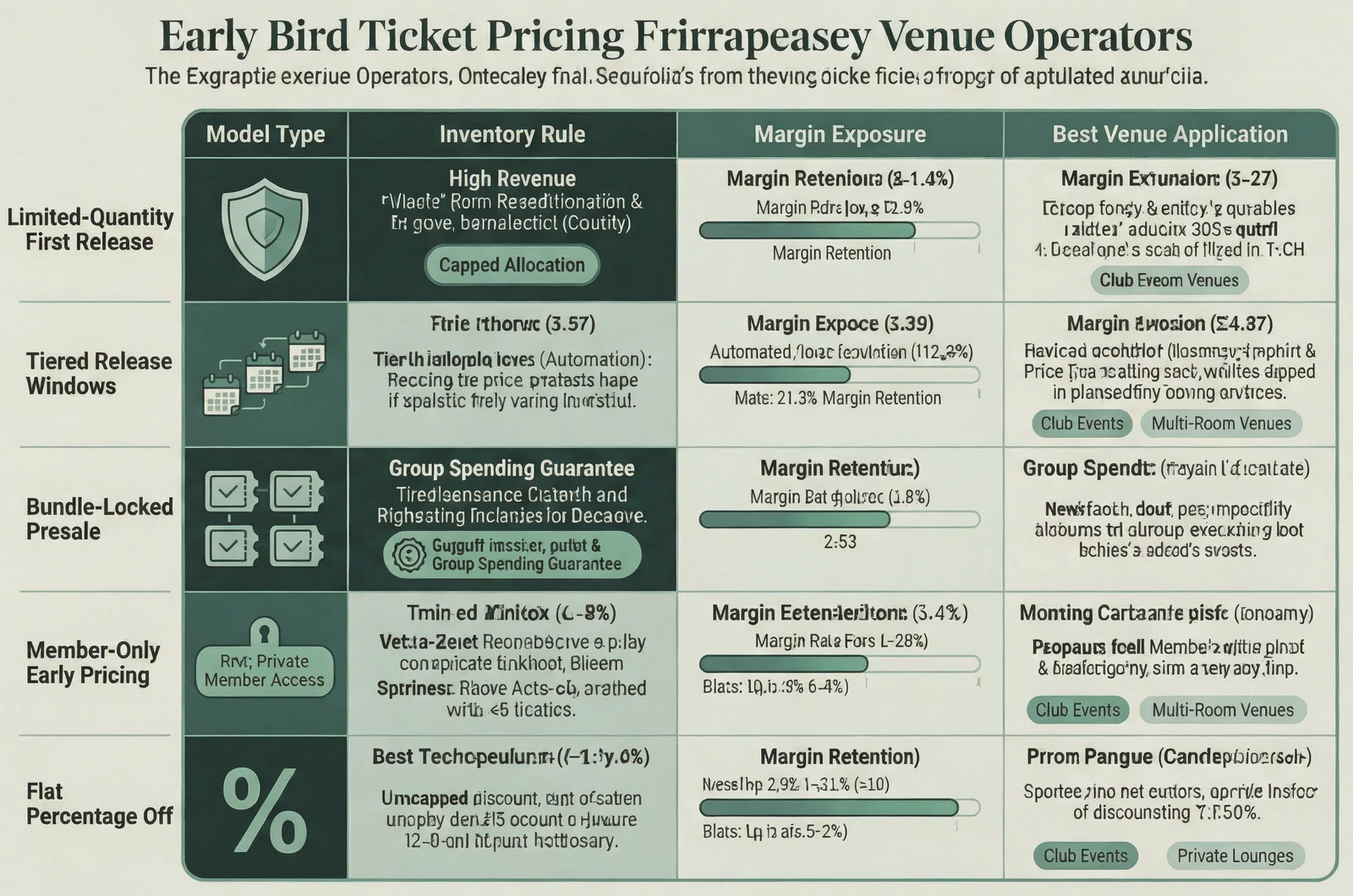 A structured comparison matrix evaluating early bird ticket pricing pros and cons across five event presale models, detailing margin exposure and inventory rules for venue operators.