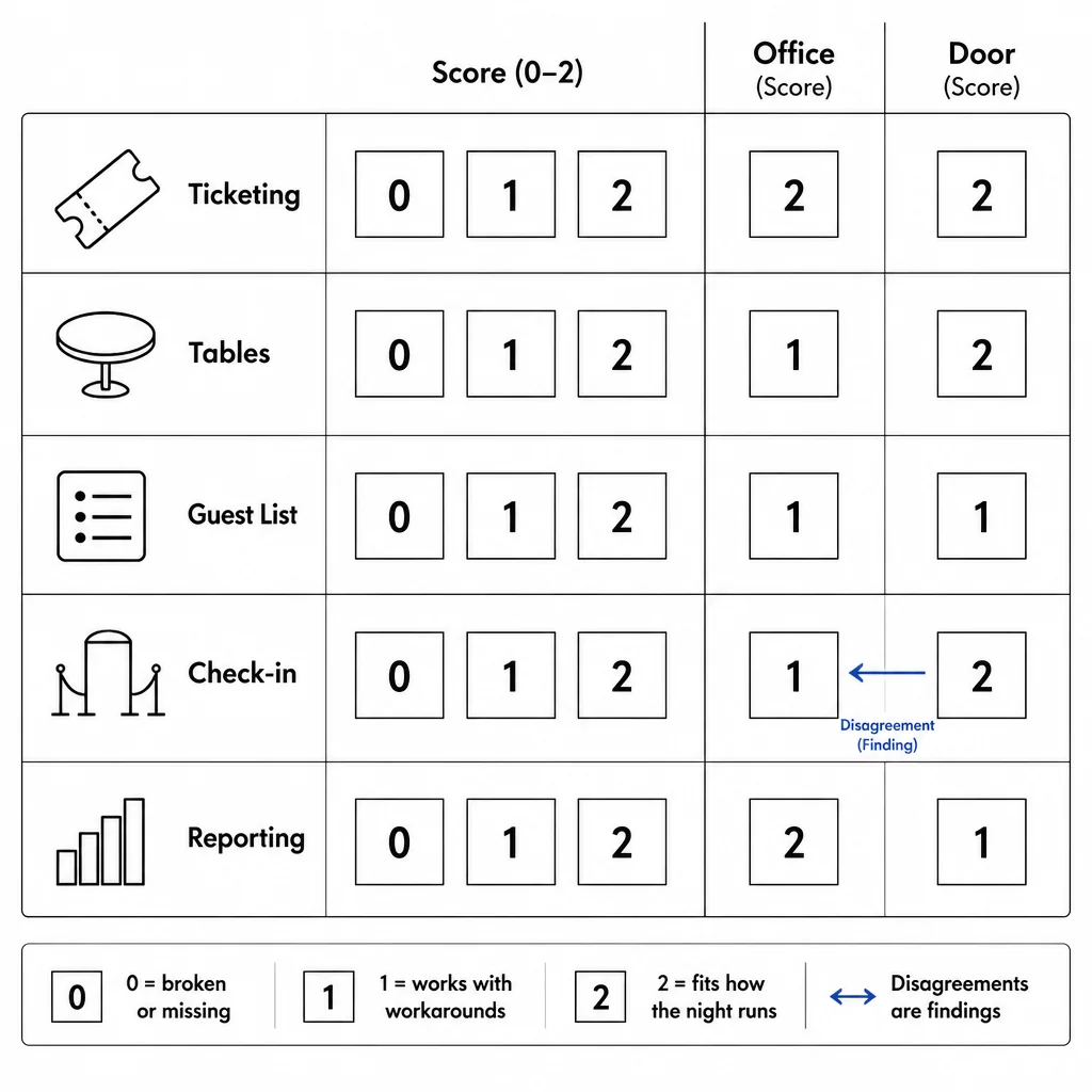 Five-row audit scorecard for nightclub management software grading ticketing, tables, guest list, check-in, and reporting on a 0 to 2 scale with separate office and door scores