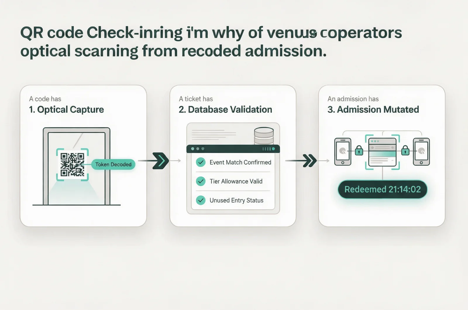 Three-stage operational diagram mapping optical scan, ticket validation, and synchronized admission recording for qr code check-in for events.